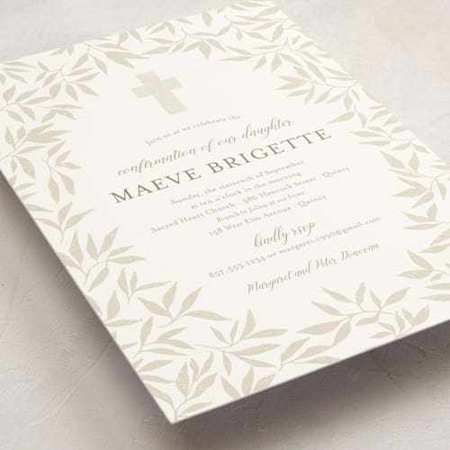 This is a linen confirmation invitations cards with standard by Paula Pecevich called blessed laurels printing on signature in standard