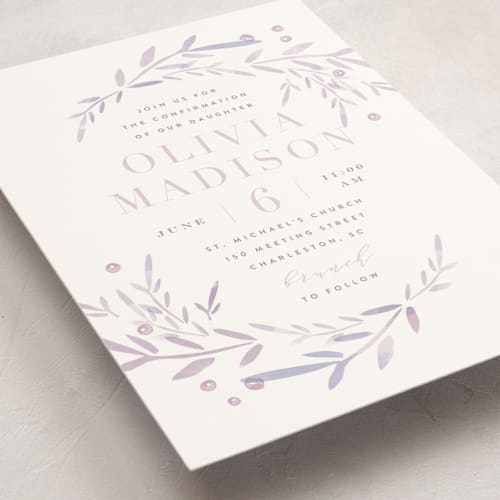 This is a lavender confirmation invitations cards with standard by Kristie Kern called garden frame printing on signature in standard
