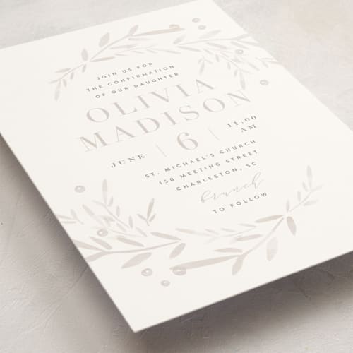 This is a fawn confirmation invitations cards with standard by Kristie Kern called garden frame printing on signature in standard