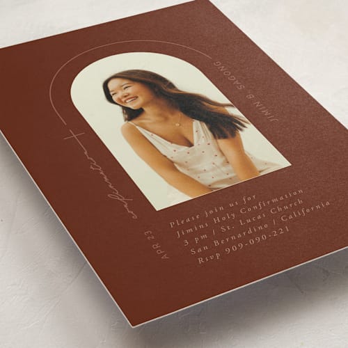This is a scarlet confirmation invitations cards with standard by FRANI called confirmation arch printing on signature in standard