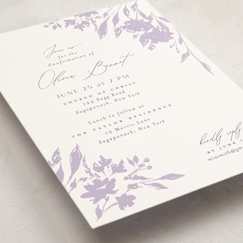 This is a lavender confirmation invitations cards with standard by Nicoletta Savod called blushed printing on signature in standard