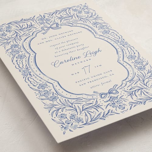 This is a indigo debutante party invitations with standard by Vera Lim called belle printing on signature in standard