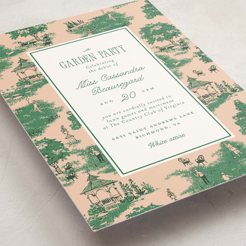 This is a peach debutante party invitations with standard by Leia Matt called greenfield toile printing on signature in standard