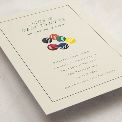 This is a ivory debutante party invitations with standard by Becky Nimoy called an evening of croquet printing on signature in standard