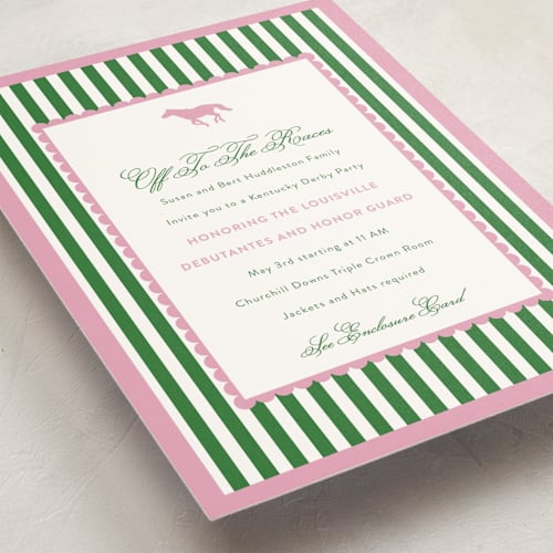 This is a bubblegum debutante party invitations with standard by Ashlee Townsend called derby party printing on signature in standard