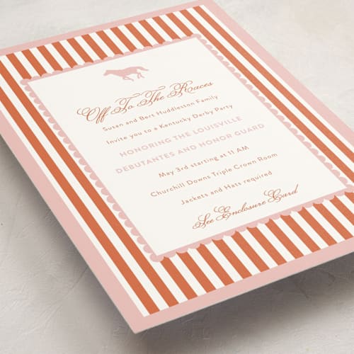 This is a peach debutante party invitations with standard by Ashlee Townsend called derby party printing on signature in standard