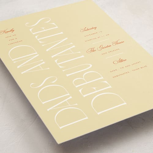 This is a marigold debutante party invitations with standard by Ashlee Townsend called dads and debutantes printing on signature in standard