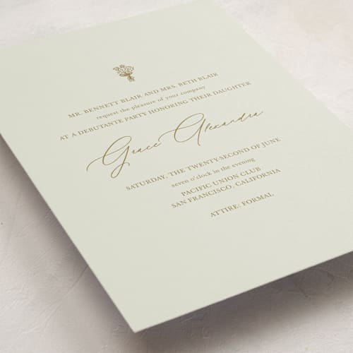 This is a marigold debutante party invitations with standard by Stephanie Heinrich Godbout called modern elegance printing on signature in standard