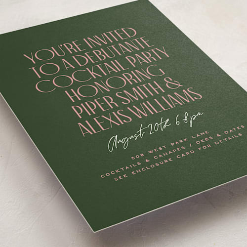 This is a spruce debutante party invitations with standard by Owl and Toad called personality printing on signature in standard