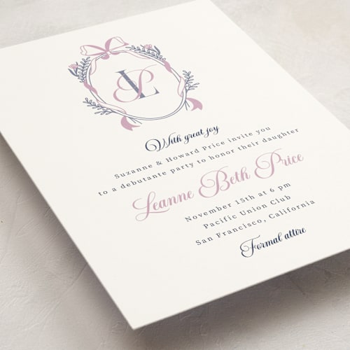 This is a lavender debutante party invitations with standard by letterfix called monogram crest printing on signature in standard