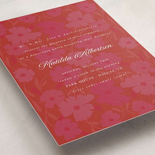 This is a flamingo debutante party invitations with standard by Morgan Kendall called baroque printing on signature in standard