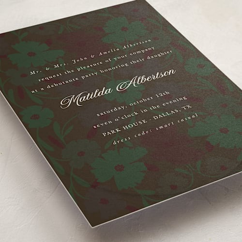 This is a peacock debutante party invitations with standard by Morgan Kendall called baroque printing on signature in standard