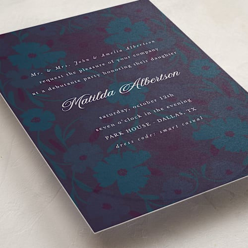 This is a bluejay debutante party invitations with standard by Morgan Kendall called baroque printing on signature in standard