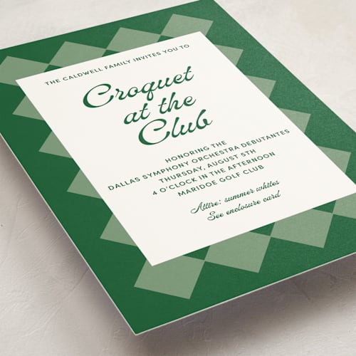 This is a green lawn debutante party invitations with standard by Inkblot Design called argyle printing on signature in standard