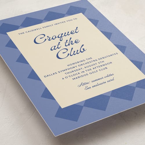 This is a sea debutante party invitations with standard by Inkblot Design called argyle printing on signature in standard