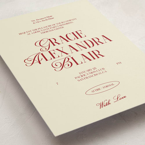 This is a cherry debutante party invitations with standard by Helena Vitto called the debut season printing on signature in standard