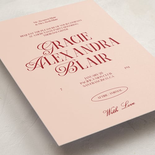 This is a flamingo debutante party invitations with standard by Helena Vitto called the debut season printing on signature in standard