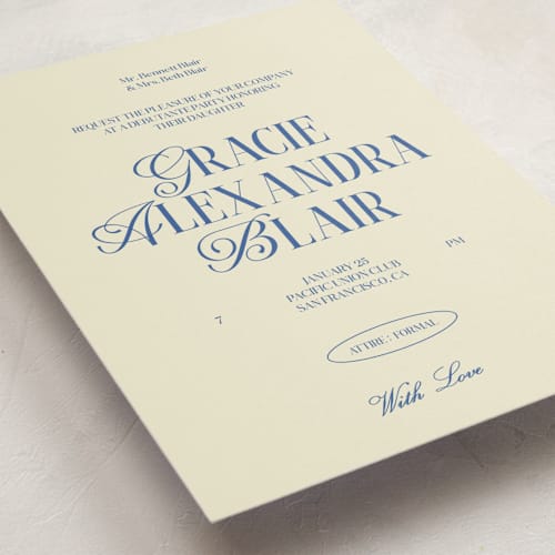 This is a bluebird debutante party invitations with standard by Helena Vitto called the debut season printing on signature in standard