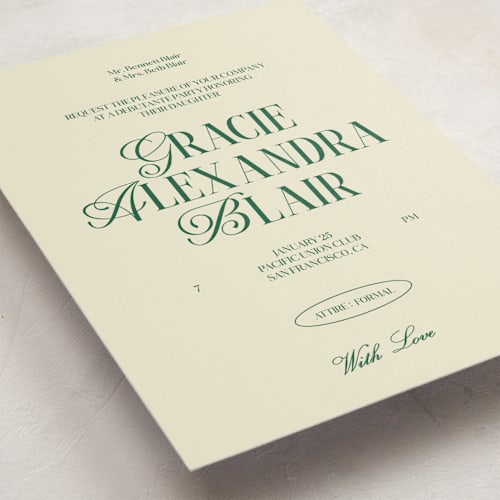 This is a avocado debutante party invitations with standard by Helena Vitto called the debut season printing on signature in standard
