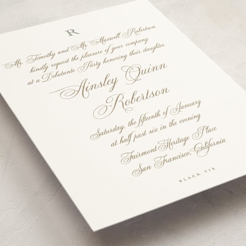 This is a forest debutante party invitations with standard by Jenna Holcomb called formal printing on signature in standard