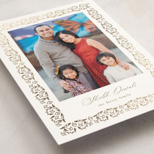 This is a golden diwali cards with foil pressed by Mansi Verma called zari printing on signature in standard