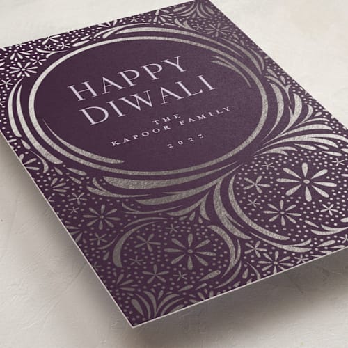 This is a grape diwali cards with foil pressed by Katie Zimpel called lights festival printing on signature in standard
