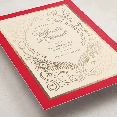 This is a scarlet diwali cards with foil pressed by Creo Study called auspicious diwali shine printing on pearlescent in standard