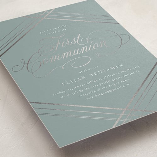 This is a silver sage confirmation invitations cards with foil pressed by Erin Deegan called fancy printing on signature in standard