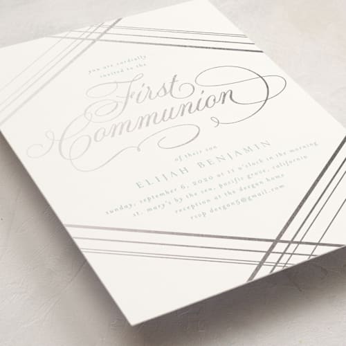 This is a slate confirmation invitations cards with foil pressed by Erin Deegan called fancy printing on signature in standard