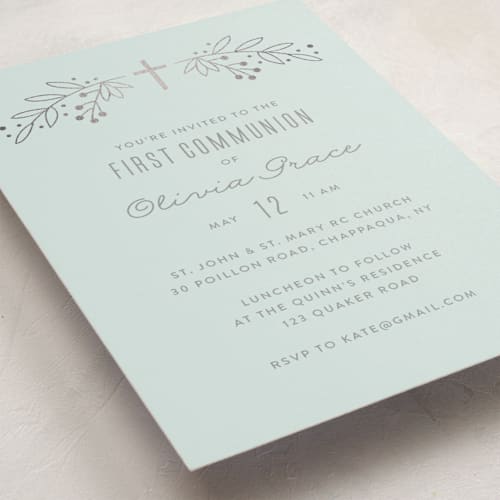This is a bluebell confirmation invitations cards with foil pressed by Annie Holmquist called gilded cross printing on signature in standard