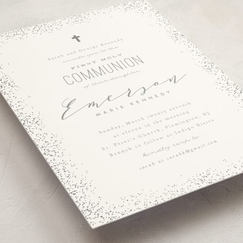 This is a slate confirmation invitations cards with foil pressed by Creo Study called heavenly blessings printing on signature in standard