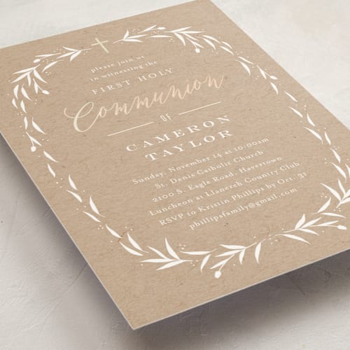 This is a copper confirmation invitations cards with foil pressed by Carolyn MacLaren called eucalyptus wreath printing on signature in standard