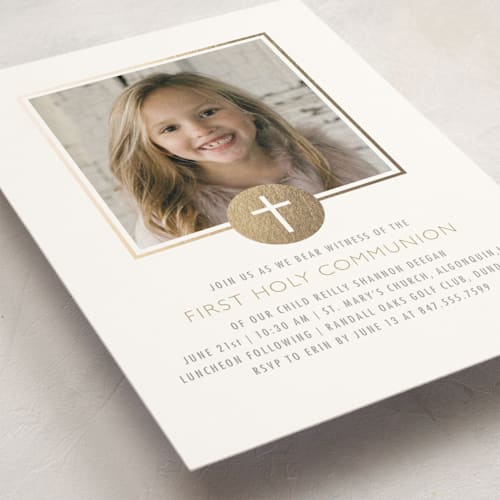 This is a golden communion invitations announcements with standard by Erin Deegan called golden cross printing on signature in standard