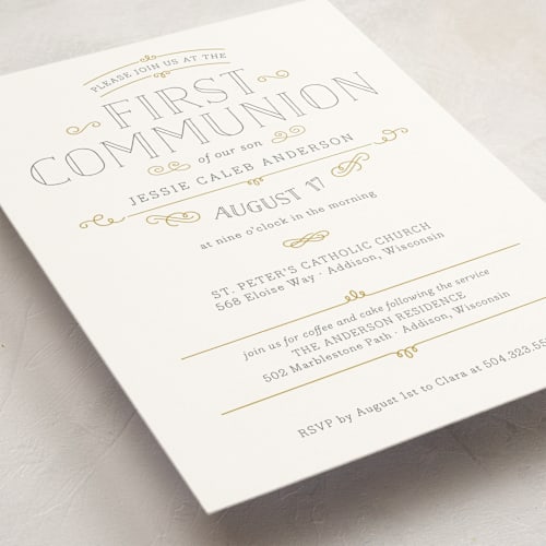 This is a goldenrod communion invitations announcements with standard by Sarah Brown called delicate printing on signature in standard