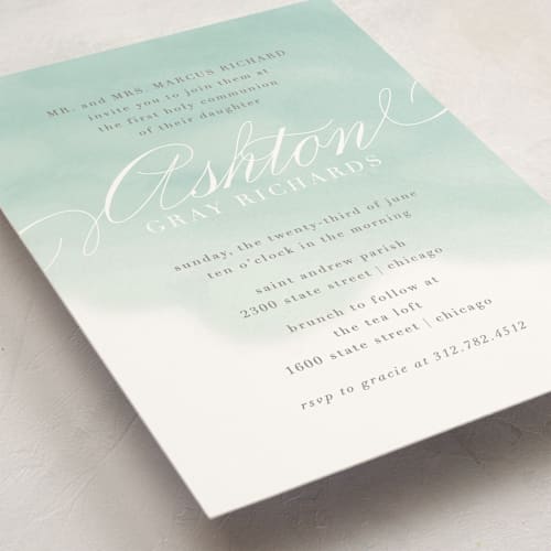 This is a aqua communion invitations announcements with standard by Lehan Veenker called water wash printing on signature in standard