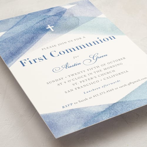 This is a ocean communion invitations announcements with standard by Shannon Chen of Four Wet Feet Studio called watercolor stripes printing on signature in standard