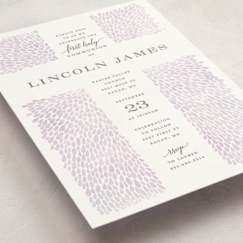 This is a wisteria communion invitations announcements with standard by Michelle Taylor called water drops printing on signature in standard
