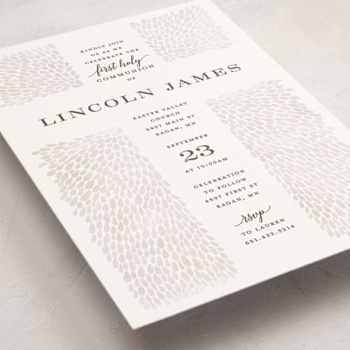 This is a mist communion invitations announcements with standard by Michelle Taylor called water drops printing on signature in standard