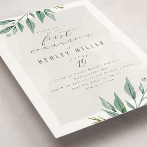 This is a dove gray communion invitations announcements with standard by Karidy Walker called soft branches printing on signature in standard