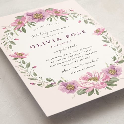 This is a lilac communion invitations announcements with standard by Susan Moyal called garden celebration printing on signature in standard