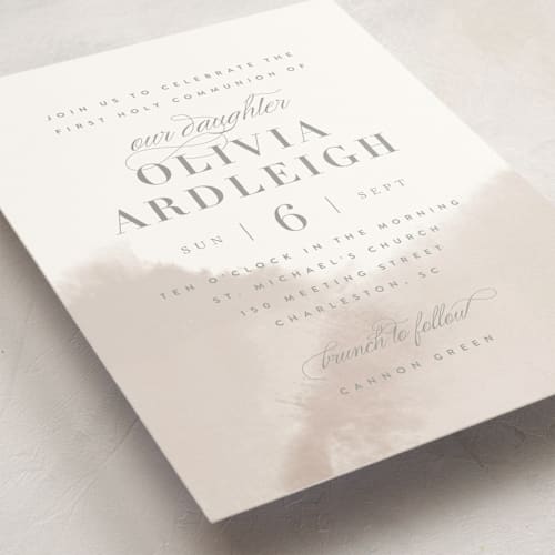 This is a fawn communion invitations announcements with standard by Kristie Kern called whisper printing on signature in standard