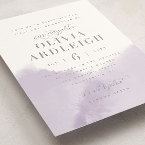 This is a lavender communion invitations announcements with standard by Kristie Kern called whisper printing on signature in standard