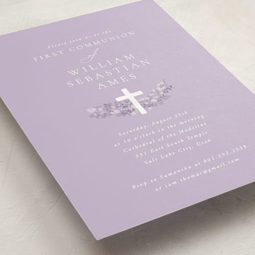 This is a lilac communion invitations announcements with standard by Robert and Stella called classic communion wreath printing on signature in standard