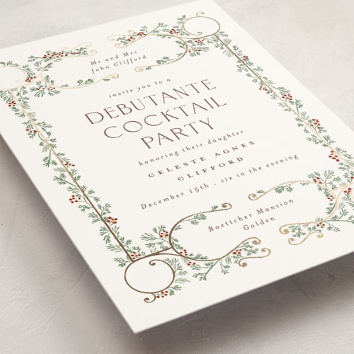 This is a snow debutante party invitations with foil pressed by Gwen Bedat called sapin printing on signature in standard