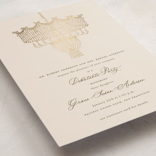 This is a sand debutante party invitations with foil pressed by Claudia Orengo called chandelier printing on signature in standard