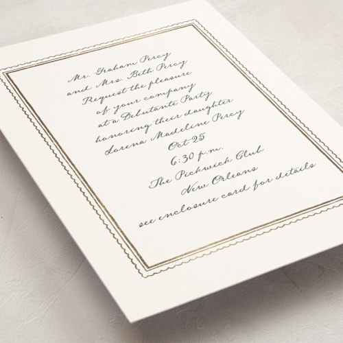 This is a monument debutante party invitations with foil pressed by Leia Matt called prelude printing on signature in standard
