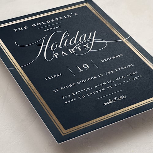 This is a midnight holiday party invitations with foil pressed by Jennifer Lew called refinement printing on signature in standard