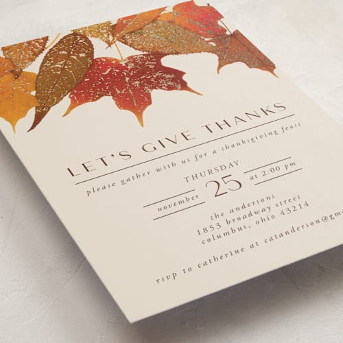 This is a spice holiday party invitations with foil pressed by Heather Schertzer called gilded autumn leaves printing on signature in standard