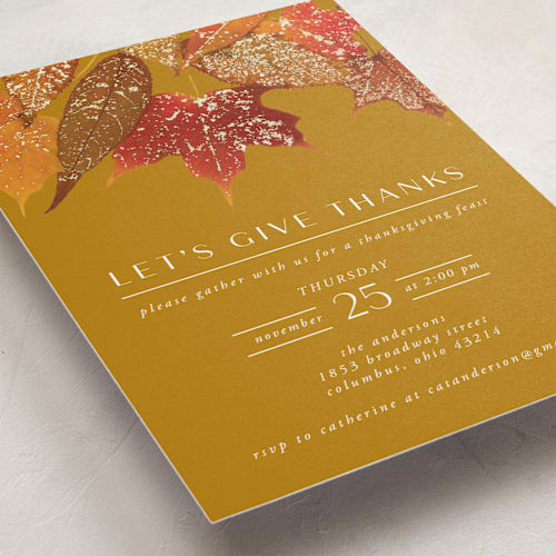 This is a sunflower holiday party invitations with foil pressed by Heather Schertzer called gilded autumn leaves printing on signature in standard