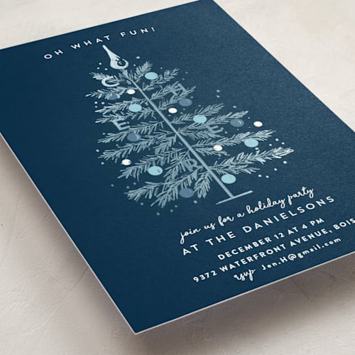This is a blue spruce holiday party invitations with foil pressed by Rebecca Durflinger called tinsel tree printing on signature in standard
